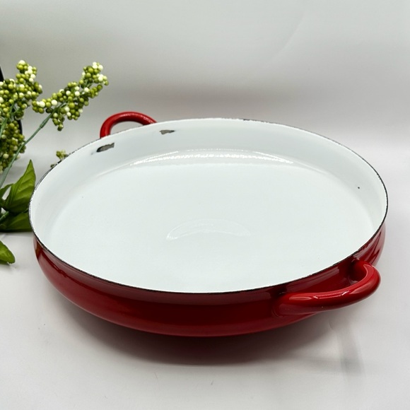 Dansk LG 14” Paella Pan. Red Enamel over Steel Curved Pot. Spots of Damage - Picture 2 of 16